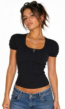 Iceberg Made in Italy Black Ribbed Knit Top Sz S Y2K Puff Sleeve Sweater Vintage